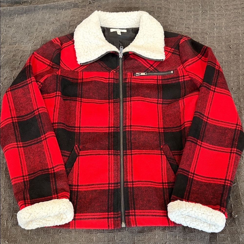 Maurices Red and Black Plaid Pea Coat with Sherpa Collar